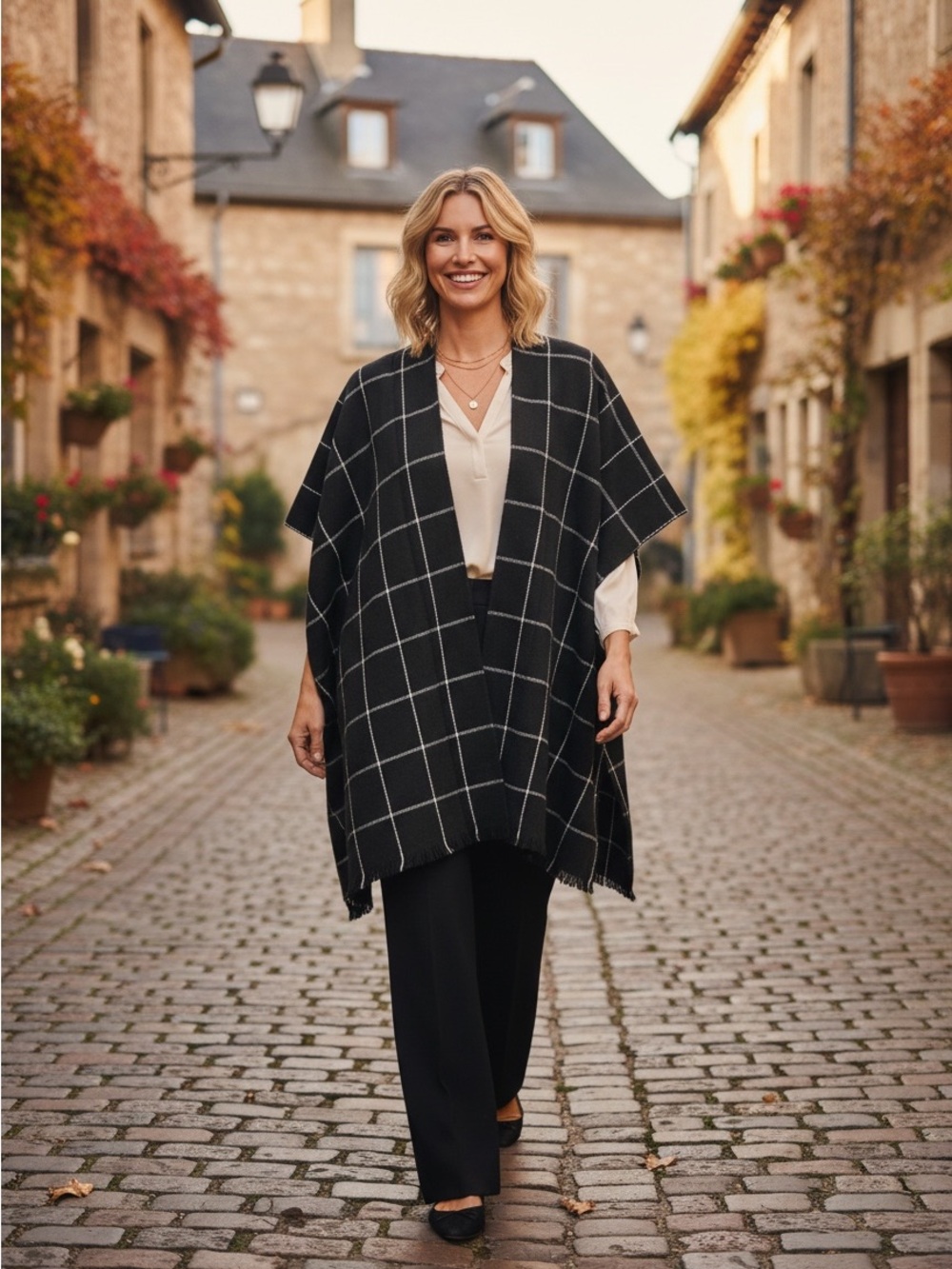 NWT LOFT Black Windowpane Wrap Cape Poncho Fringe Hem